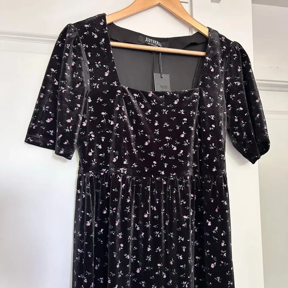 NWT Disturbia Woe Floral Midi Dress Velvet Womens 4 Black Square Neck Whimsigoth - Picture 5 of 12